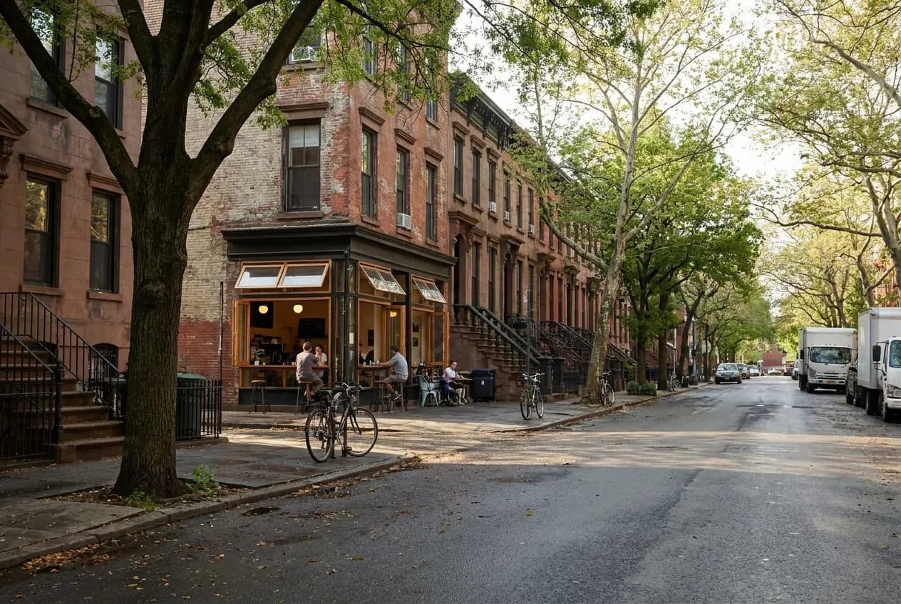 Tree-lined Clinton Hill block with low brownstones and a corner café storefront bathed in morning light, quiet Brooklyn residential street visible beyond.