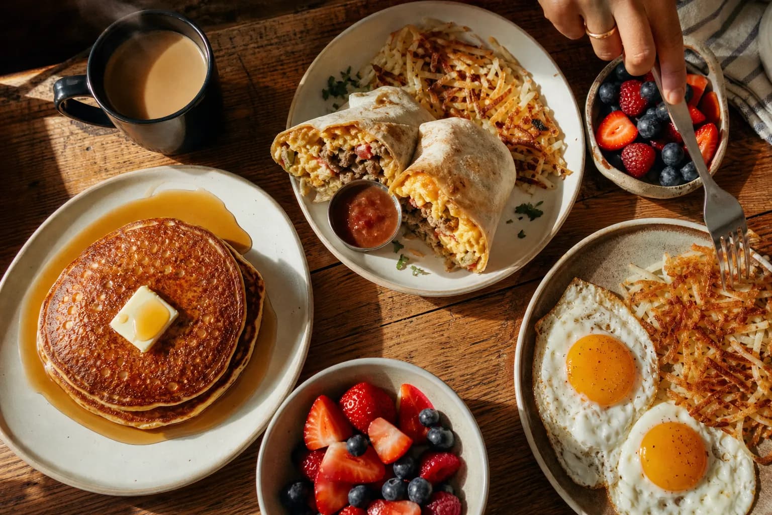 Overhead breakfast spread of pancakes, breakfast burrito, hash browns, eggs, and coffee in warm morning light