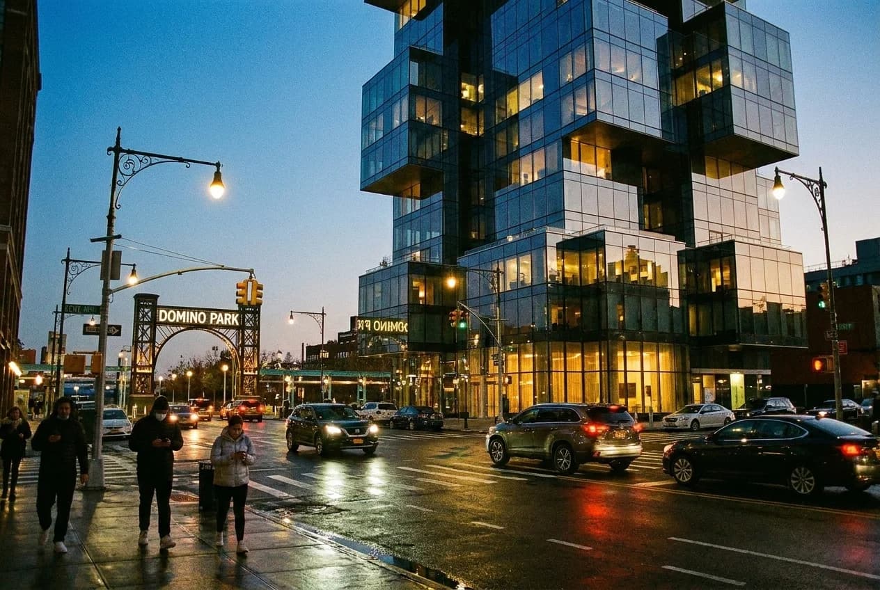 Kent Avenue at South 5th Street intersection at dusk with Domino Park entrance visible across the street