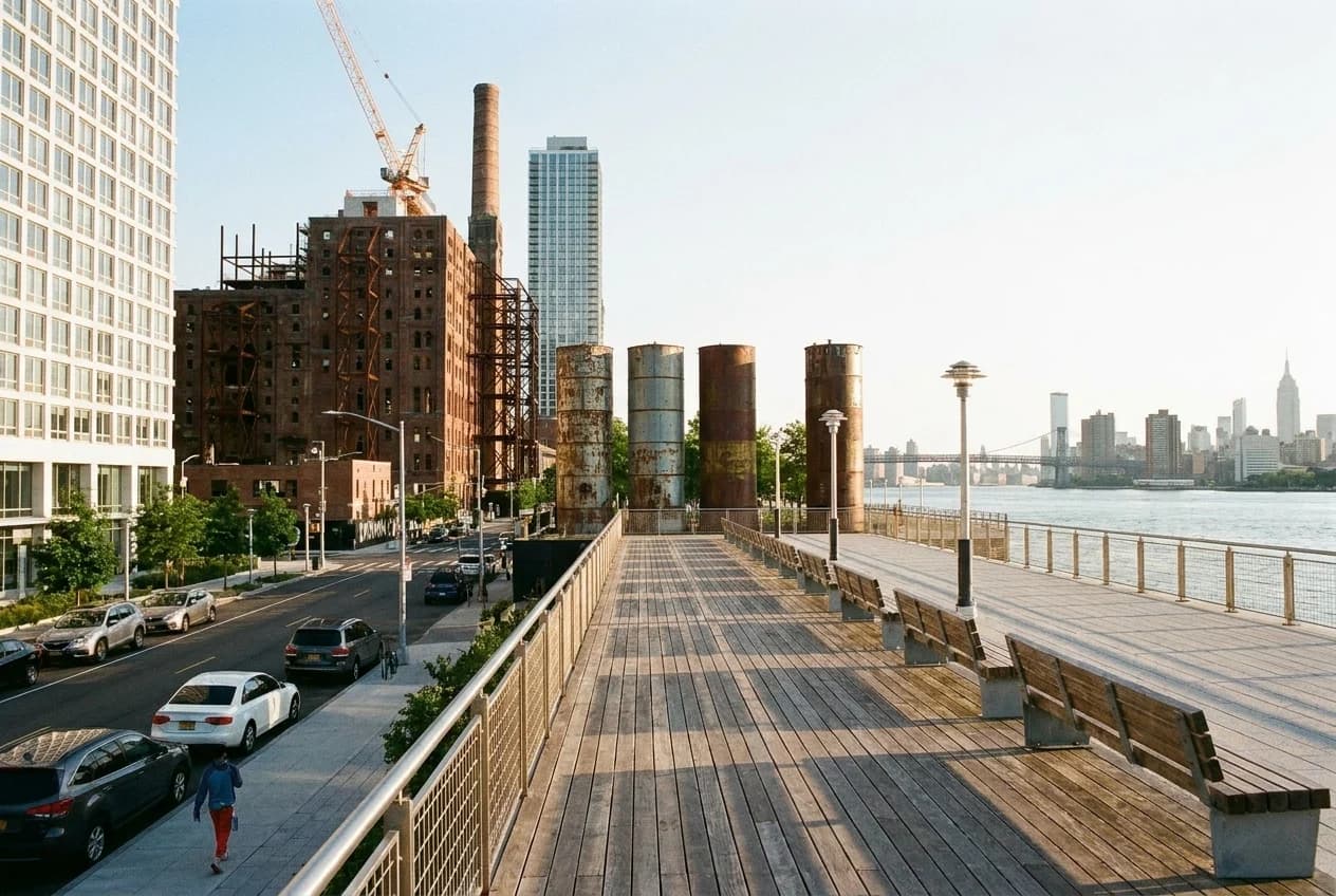 Elevated waterfront walkway at Domino Park with industrial relics and Manhattan skyline across East River