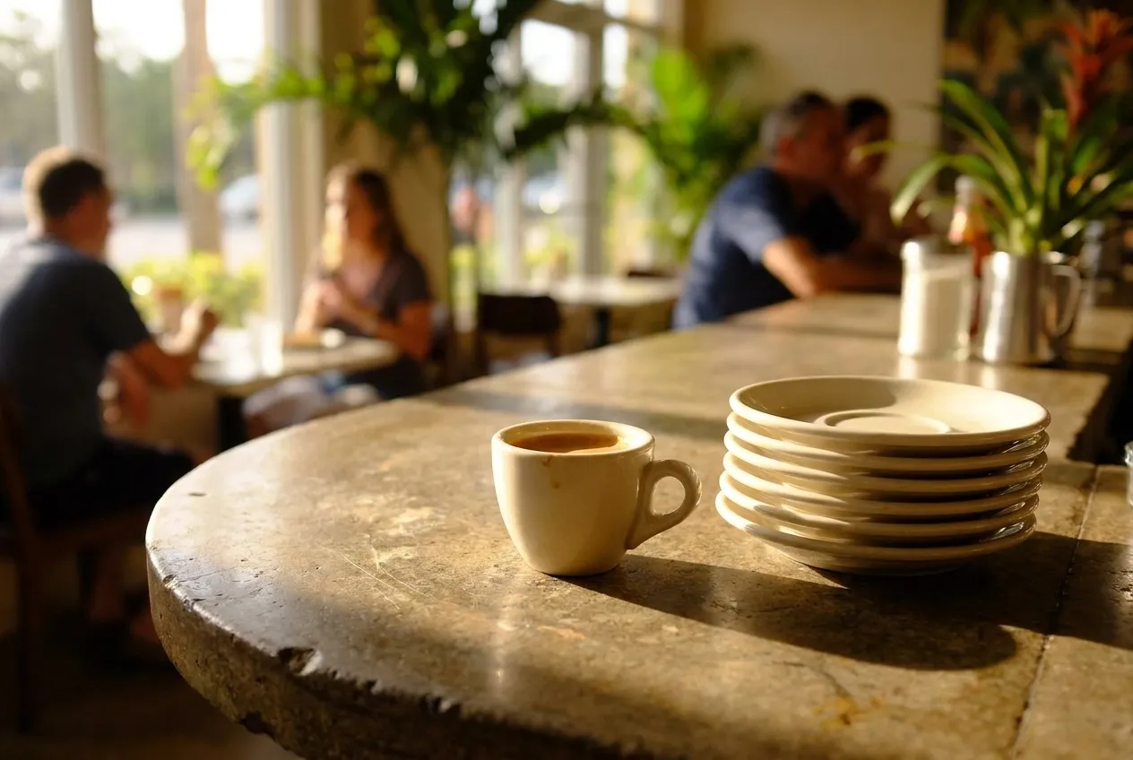 A small cup of Cuban coffee on a café counter beside a stack of saucers