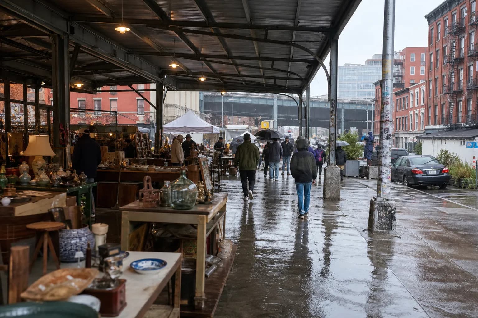 Rainy Brooklyn flea market scene with covered stalls and wet pavement