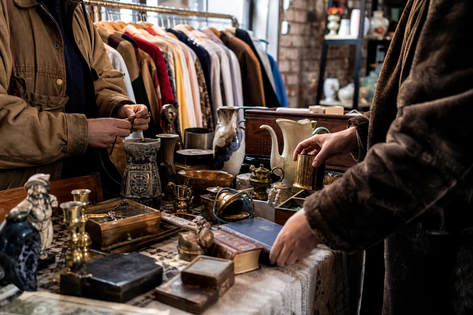 Close-up of vintage goods arranged on a flea market table