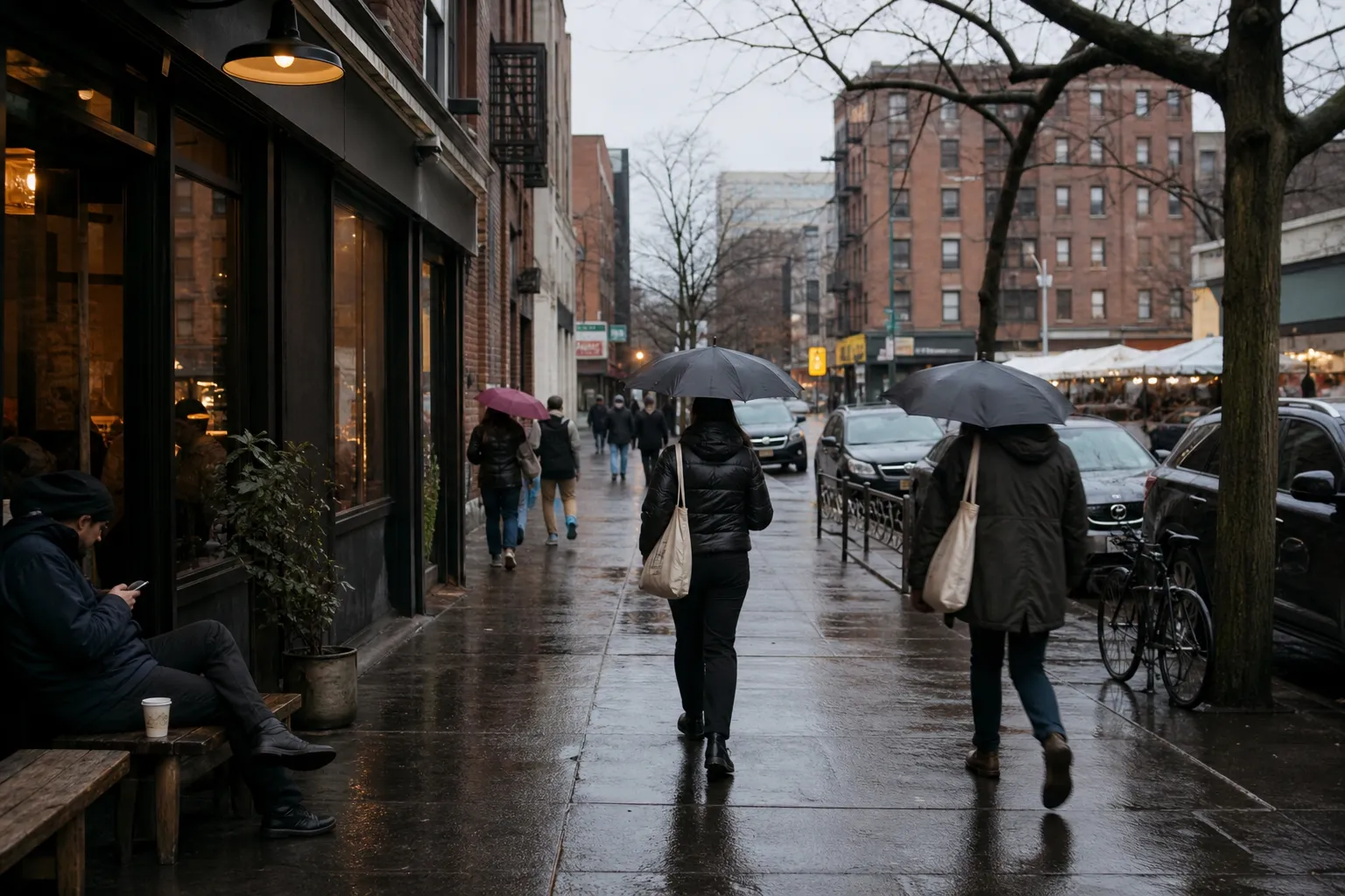 Brooklyn sidewalk walk toward a Williamsburg coffee stop on a rainy day