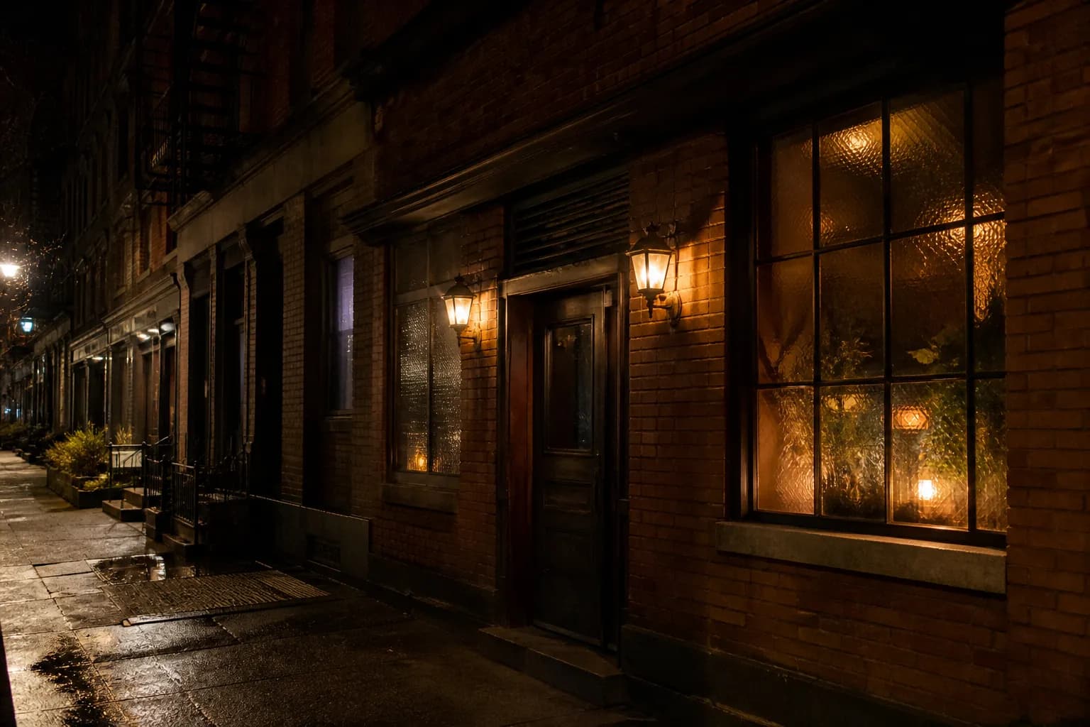 A dim Brooklyn street outside a hidden cocktail bar entrance at night