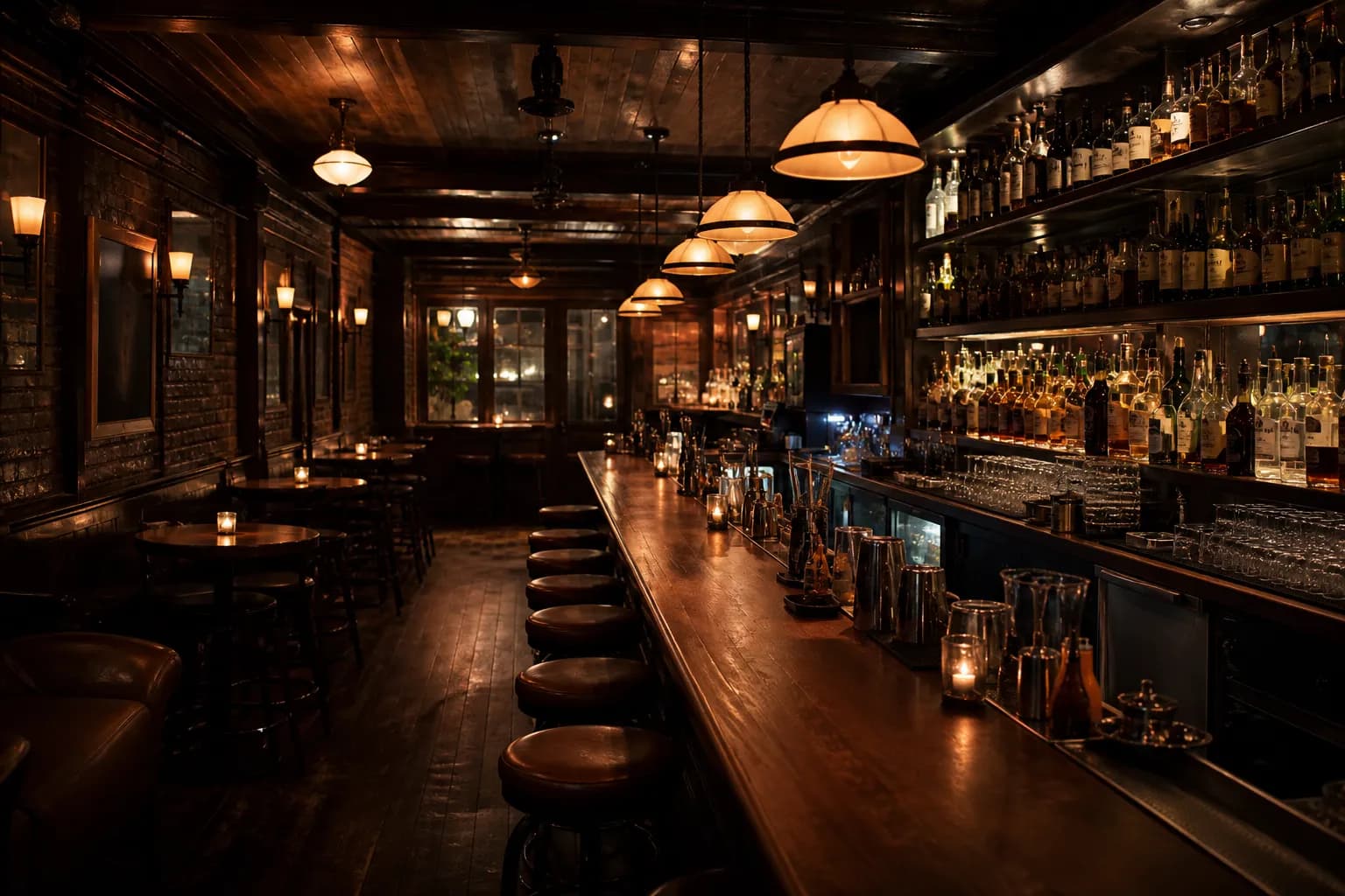 A small cocktail bar counter with low lighting and glassware