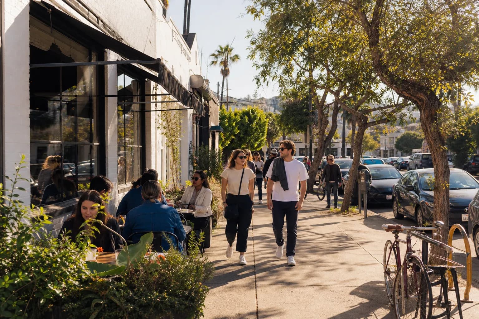 Morning Silver Lake cafe strip near Sunset Junction with outdoor tables and parked bikes