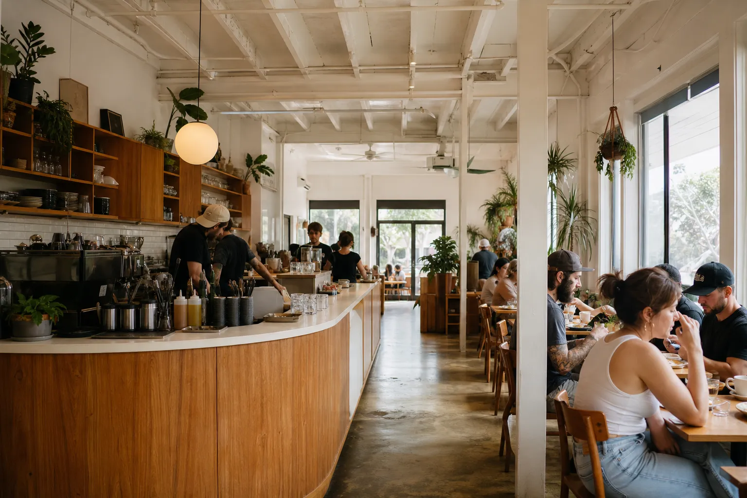 Bright Silver Lake cafe counter with pastry case and hanging menu boards