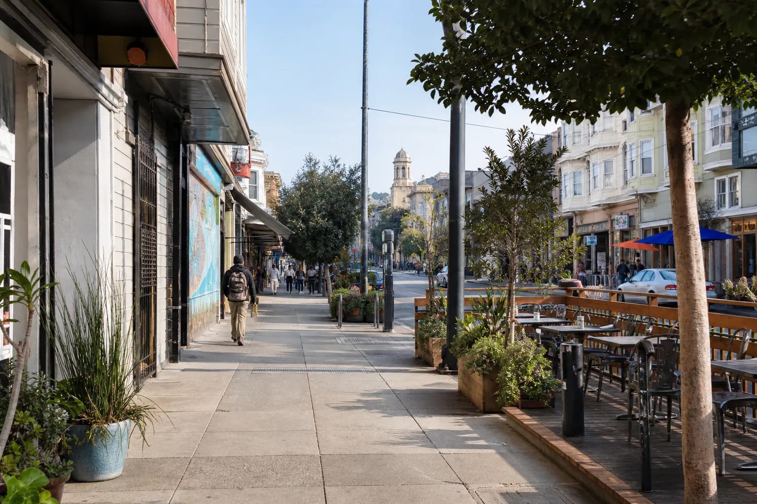 Valencia Street storefronts with outdoor brunch seating in the Mission