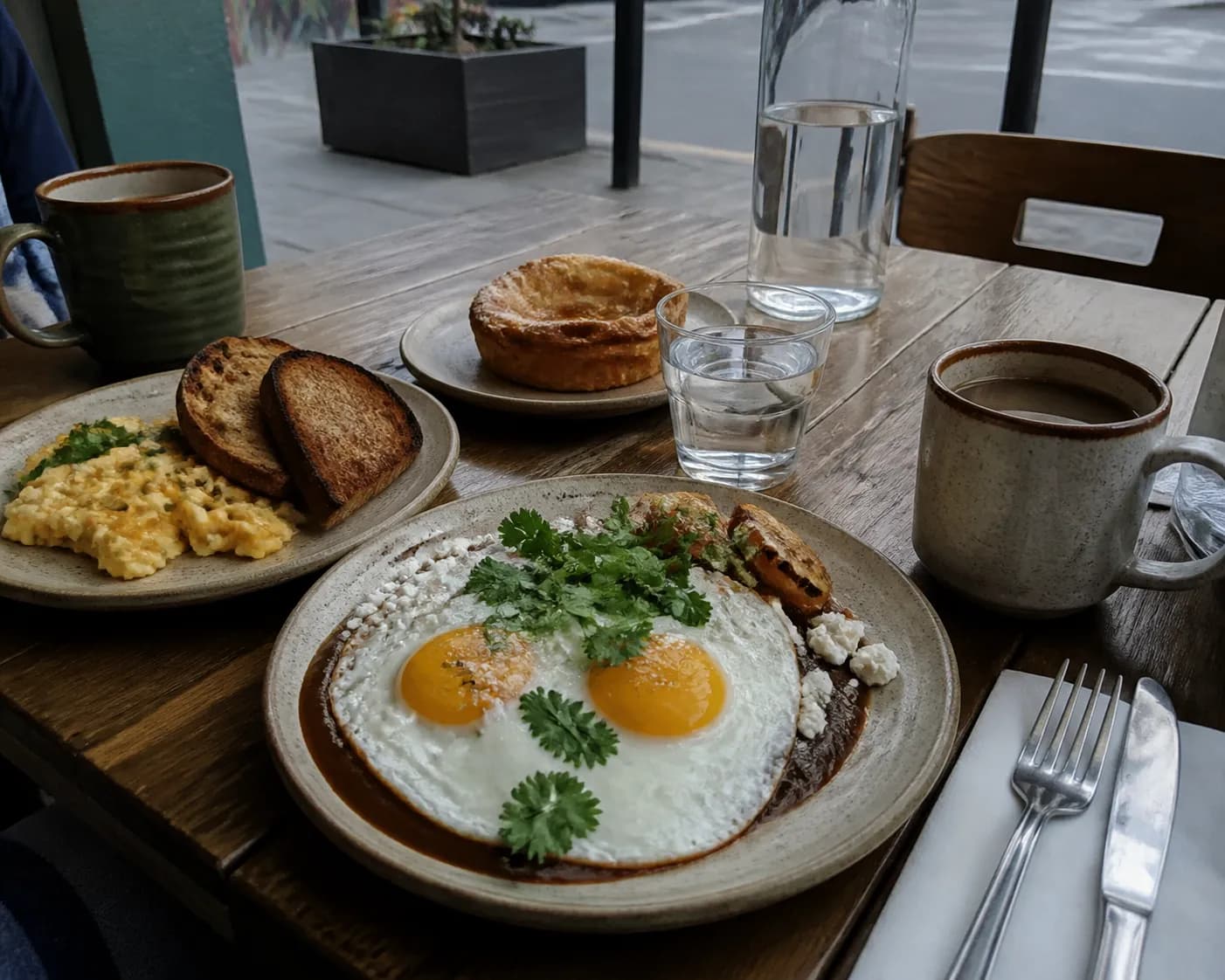 Brunch plates and coffee on a Mission patio table