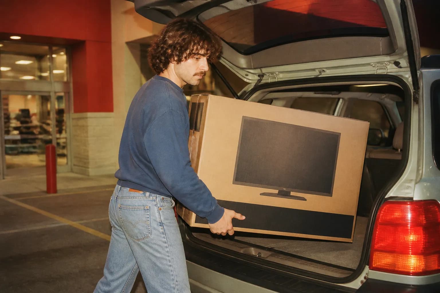 An electronics box being loaded into the trunk of a car outside a store