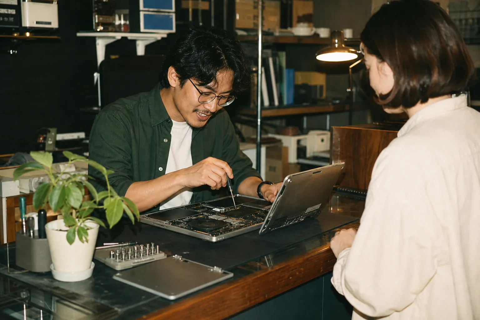 A tech repair counter with a laptop open and being serviced by a technician