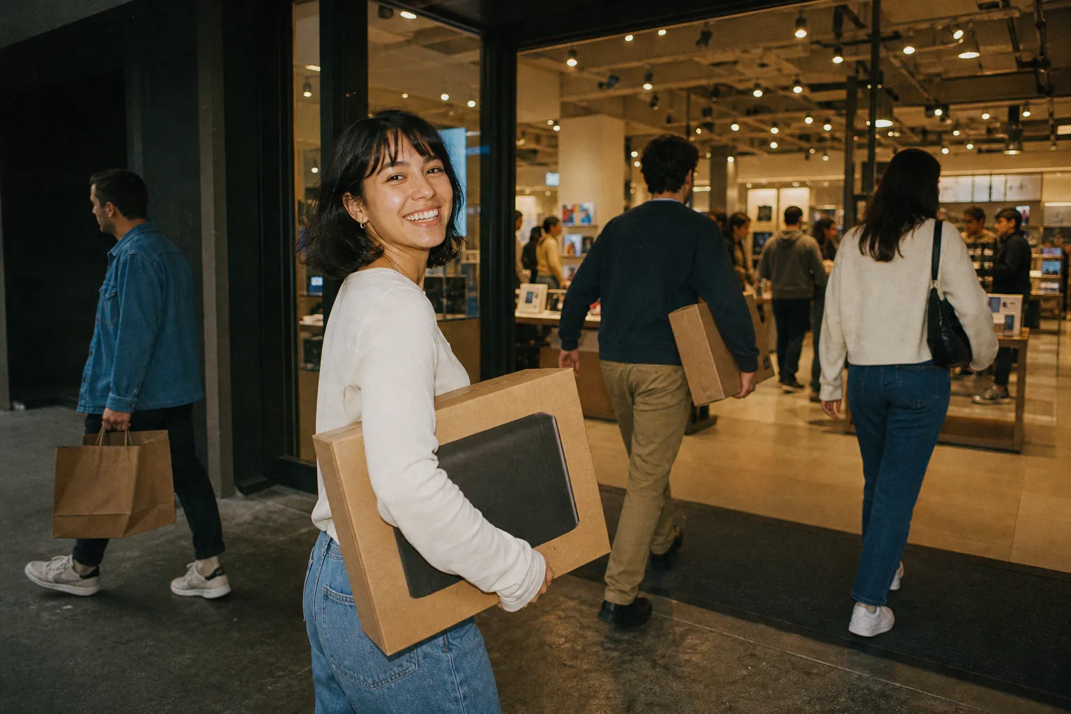 An electronics store entrance with weekend shoppers walking in during the day