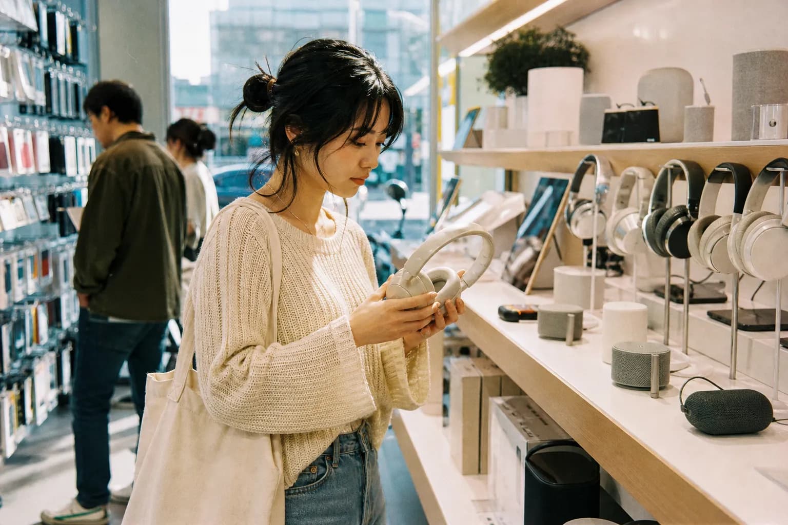 A bright modern electronics store aisle with a shopper browsing gadgets on clean shelves