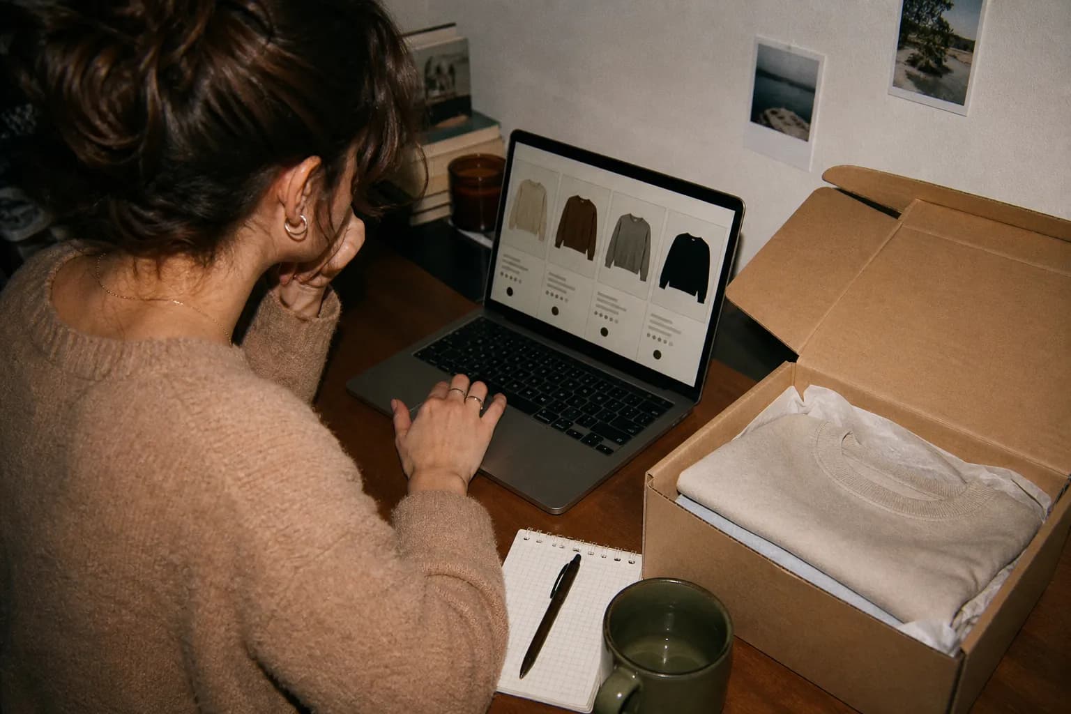 A laptop and a delivery box on a desk with price tags for comparison