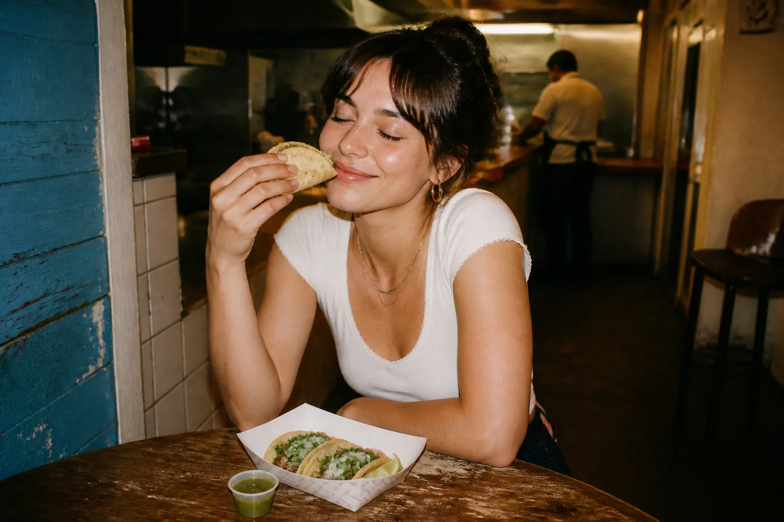 A paper tray of tacos on a worn wooden table at a cozy casual taco counter, warm everyday atmosphere