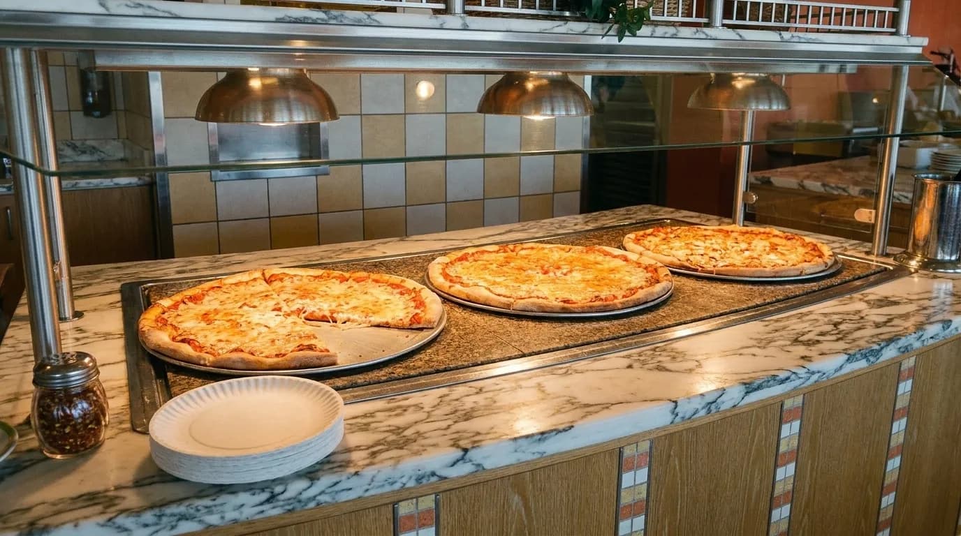 A pizza counter display case with several whole pies under warm lamps and a stack of paper plates on the ledge in front