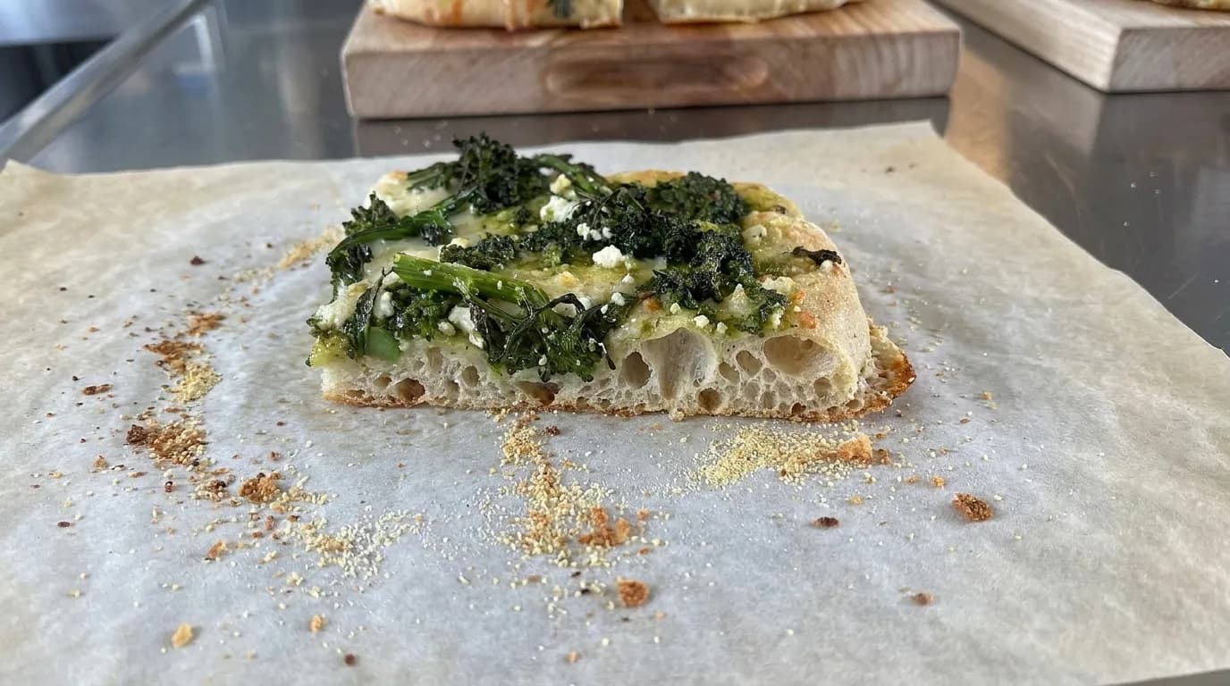 A rectangular Roman-style pizza slice on parchment paper, cut from a tray, with a crisp airy crust edge visible in cross-section
