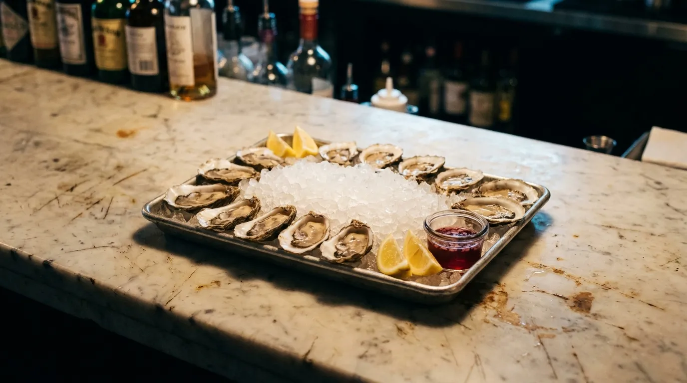 A tray of oysters on crushed ice with lemon wedges on a marble bar top under warm light