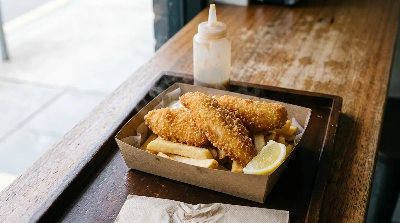 A paper tray of golden fried fish with a wedge of lemon on a worn wooden table