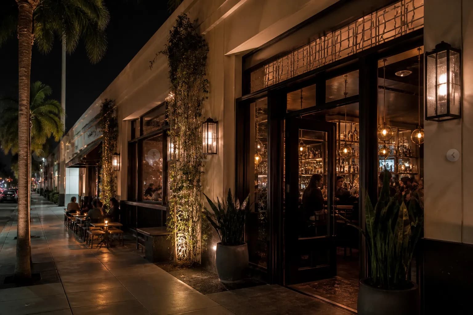 Warm-lit cocktail bar exterior on a Los Angeles nightlife street