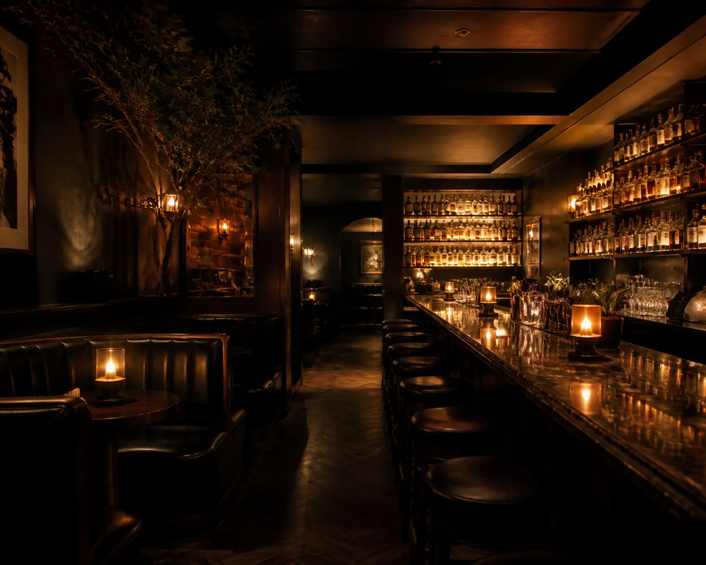Dim cocktail bar interior with a quiet counter and booth seating