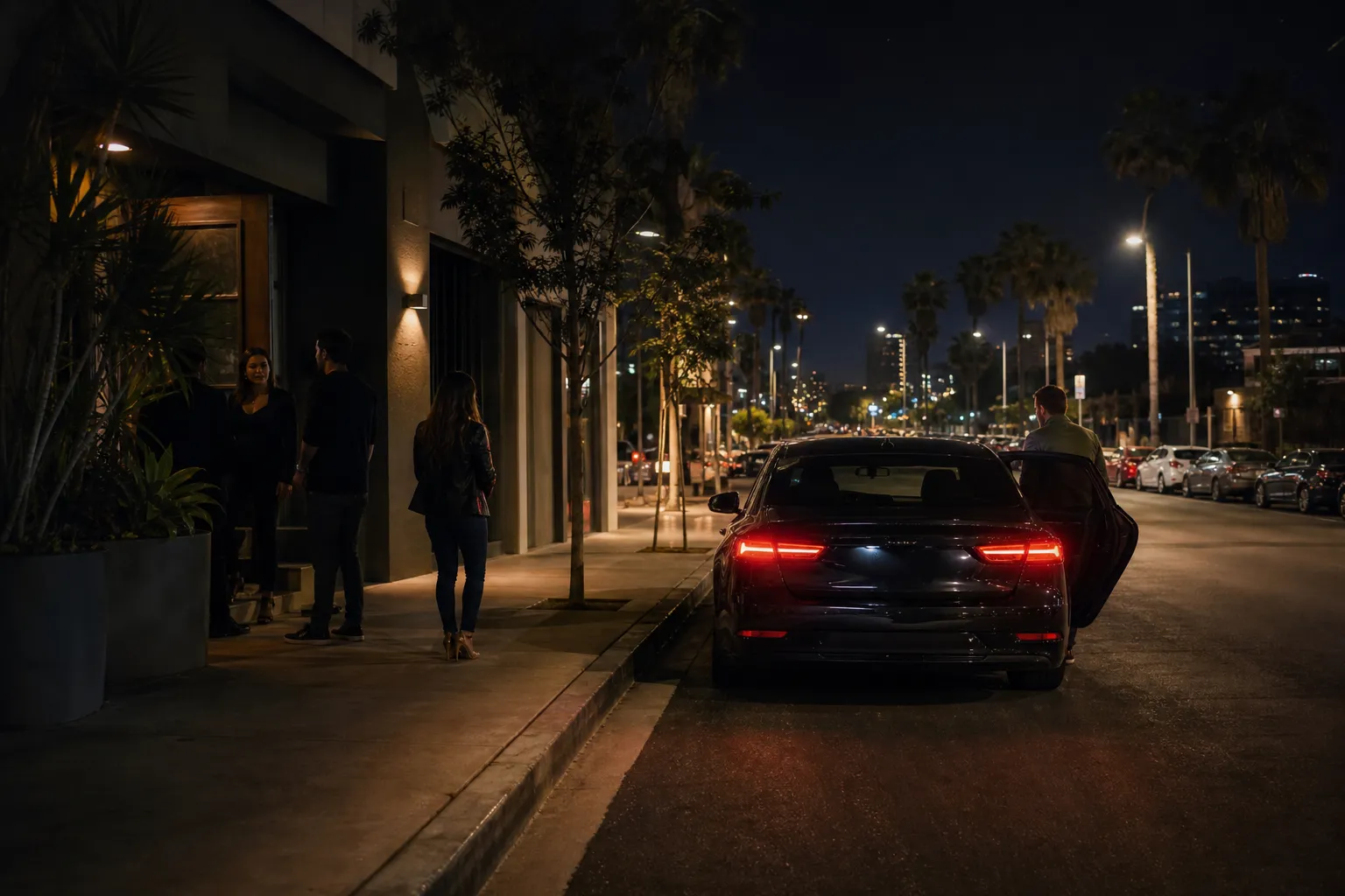 Rideshare pickup on a quiet West Hollywood side street outside a bar