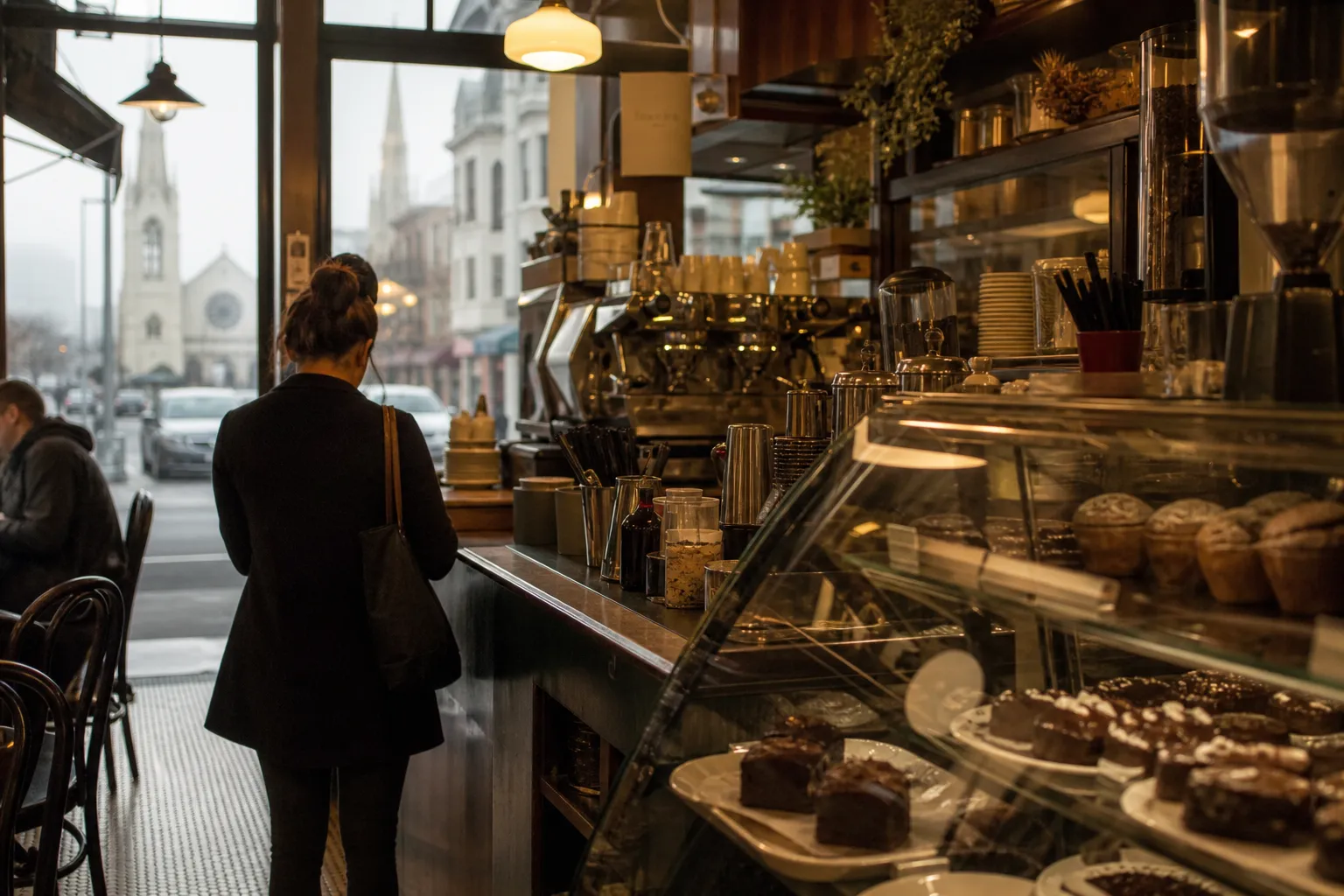 A cozy North Beach cafe counter with espresso machine, pastry case, and foggy window light.