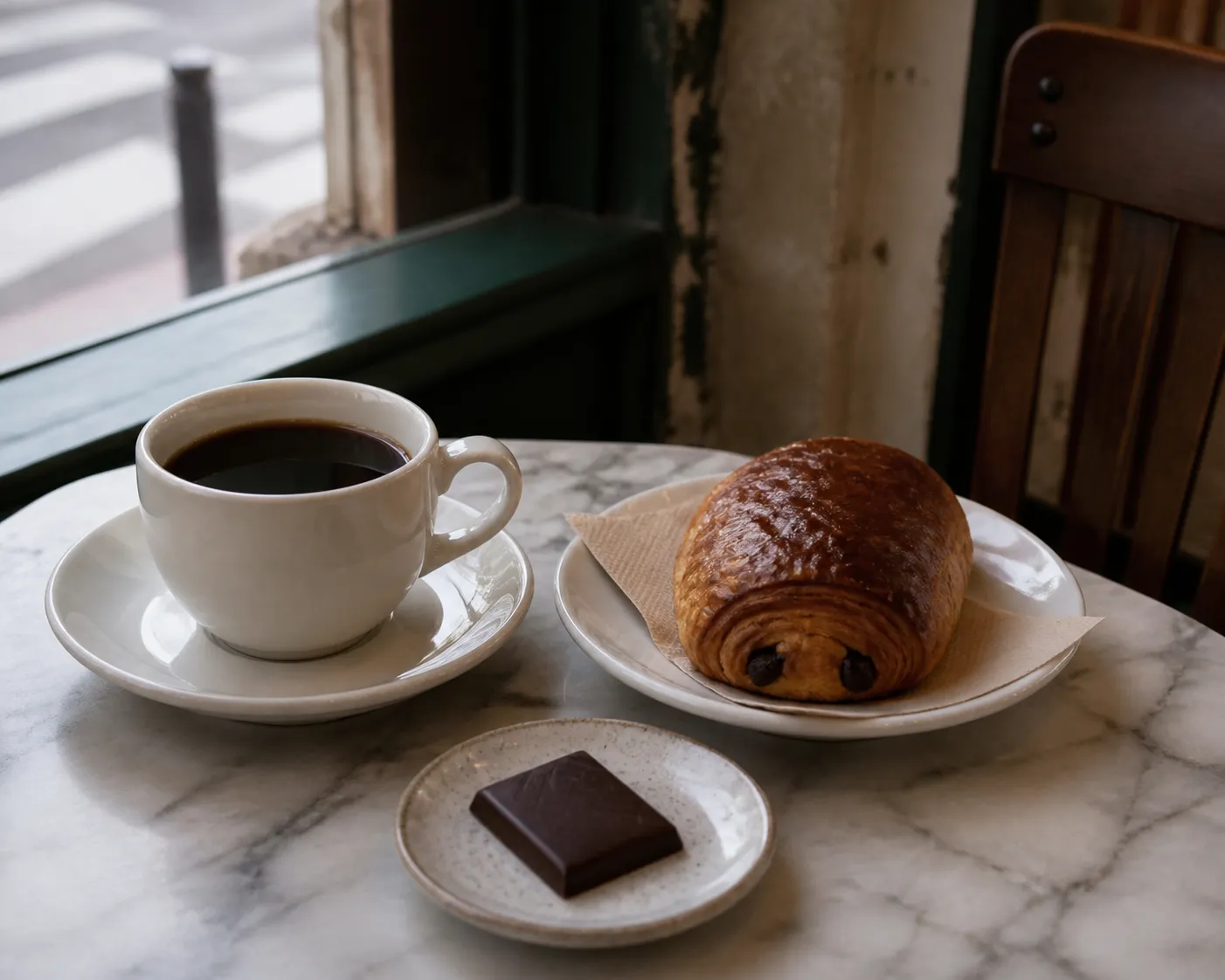 A hot coffee and chocolate pastry arranged on a table in a North Beach cafe.