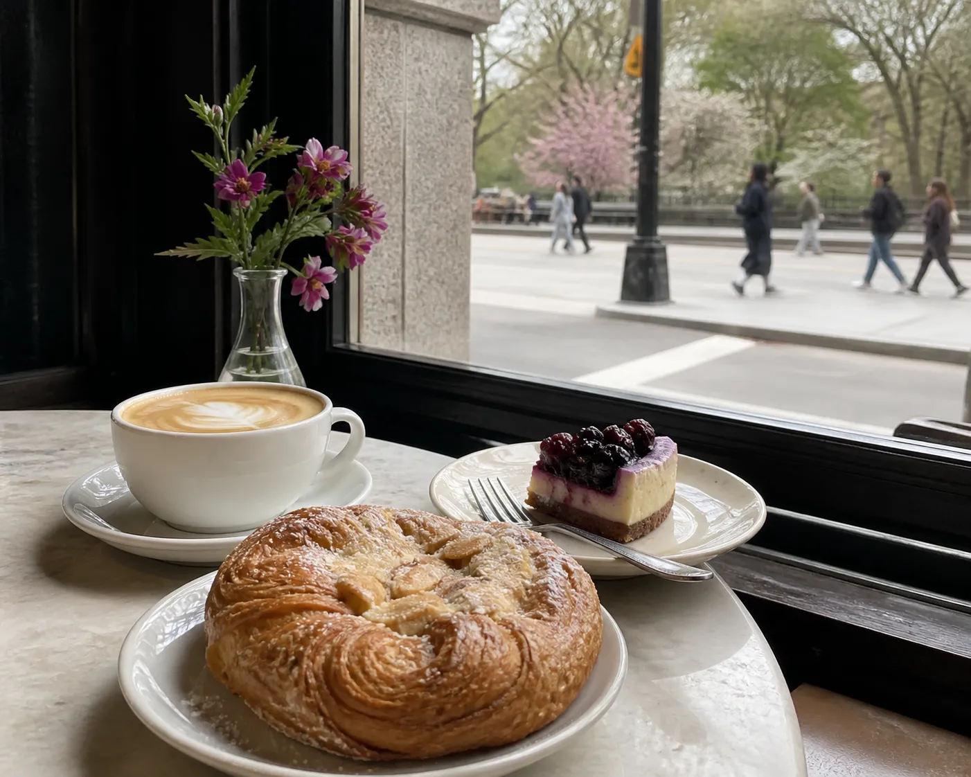 Coffee, pastry, and dessert on a cafe table near Central Park