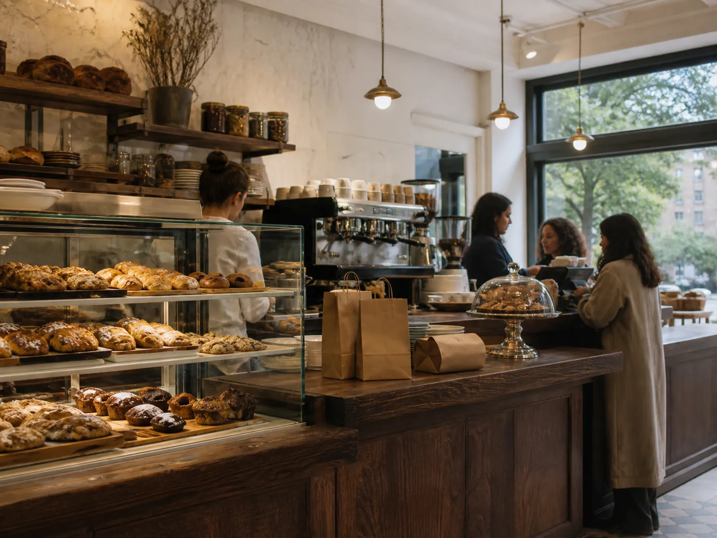Bakery counter with pastries and coffee in a Manhattan neighborhood cafe