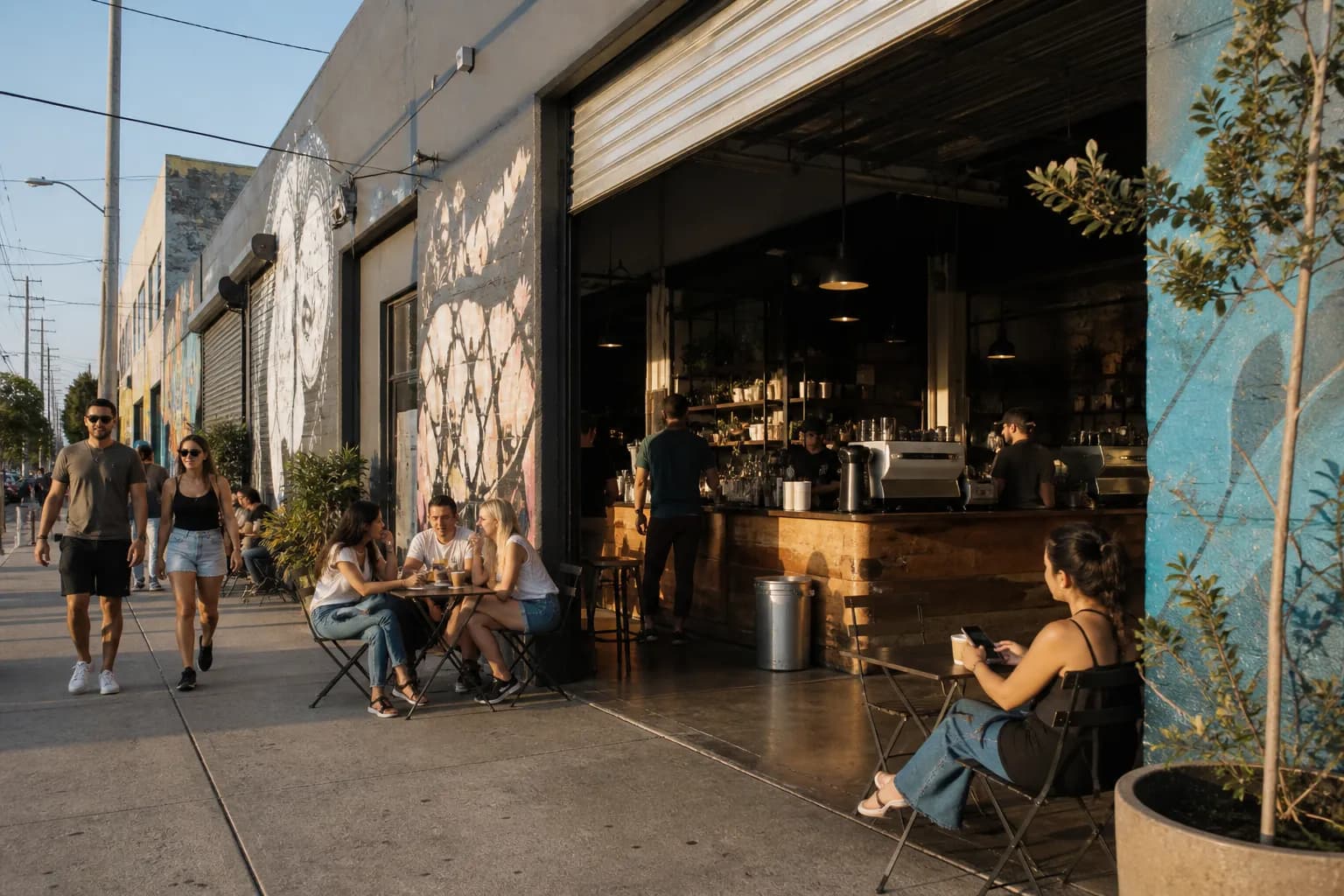 Morning light on a Wynwood café corner with murals and patio seating