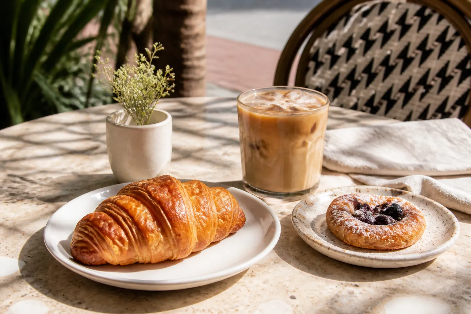 Coffee and croissants on a table with a Miami morning feel