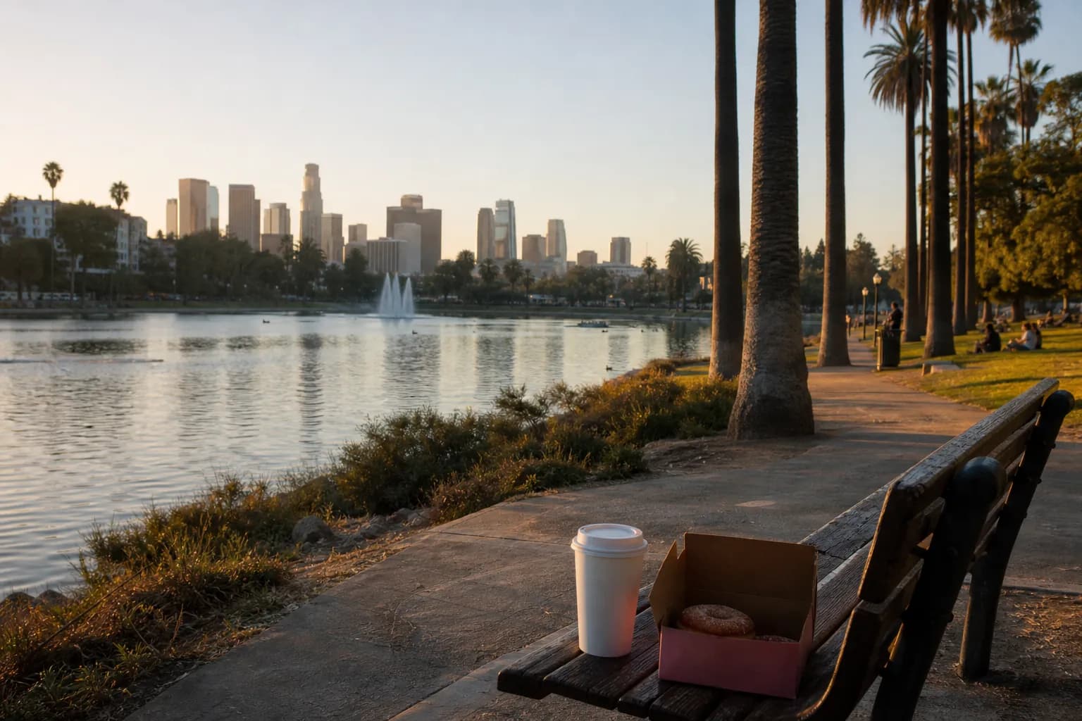 Echo Park Lake path at sunset with a coffee cup and donut box on a bench