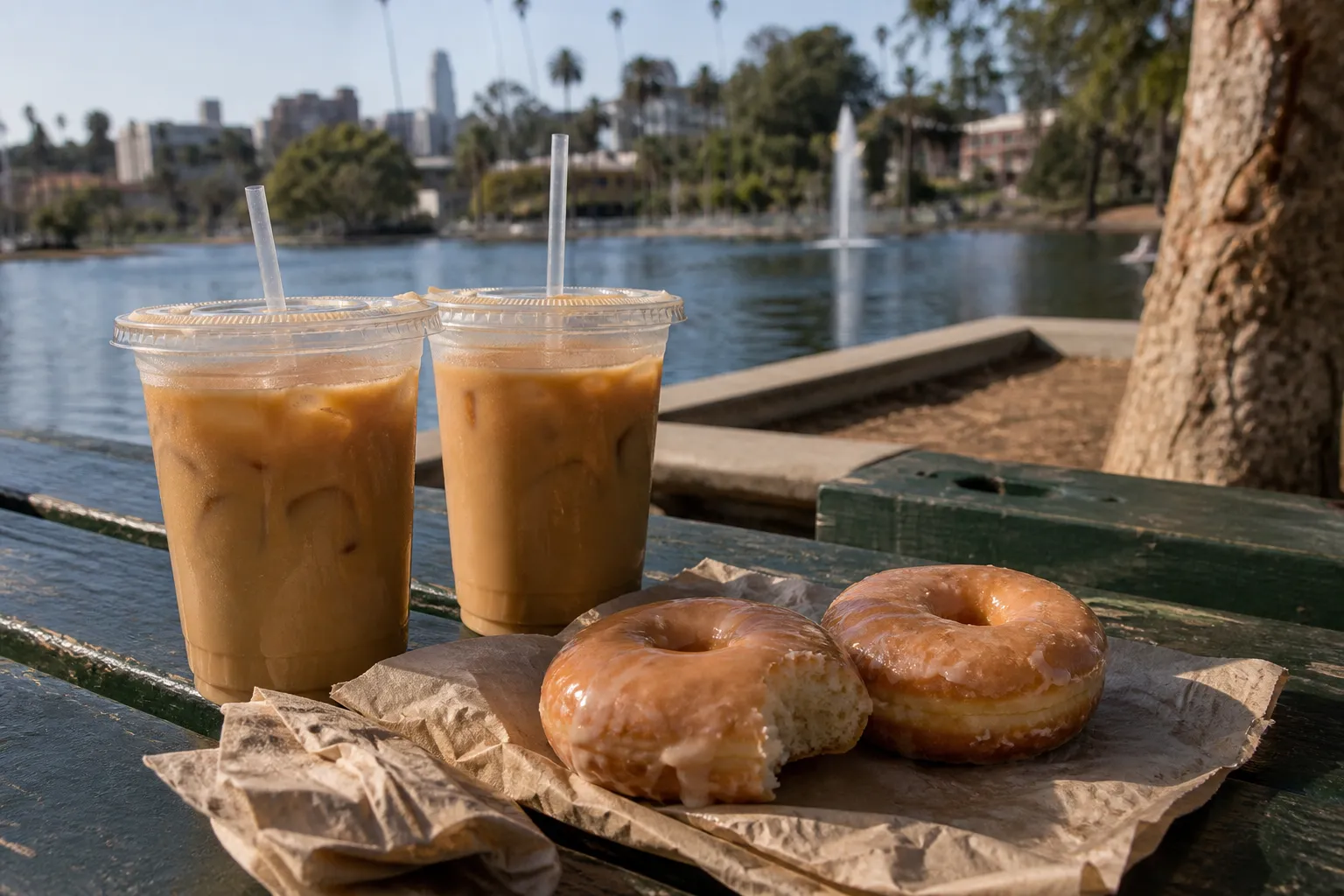 Iced coffee and glazed donuts on a park bench near Echo Park Lake