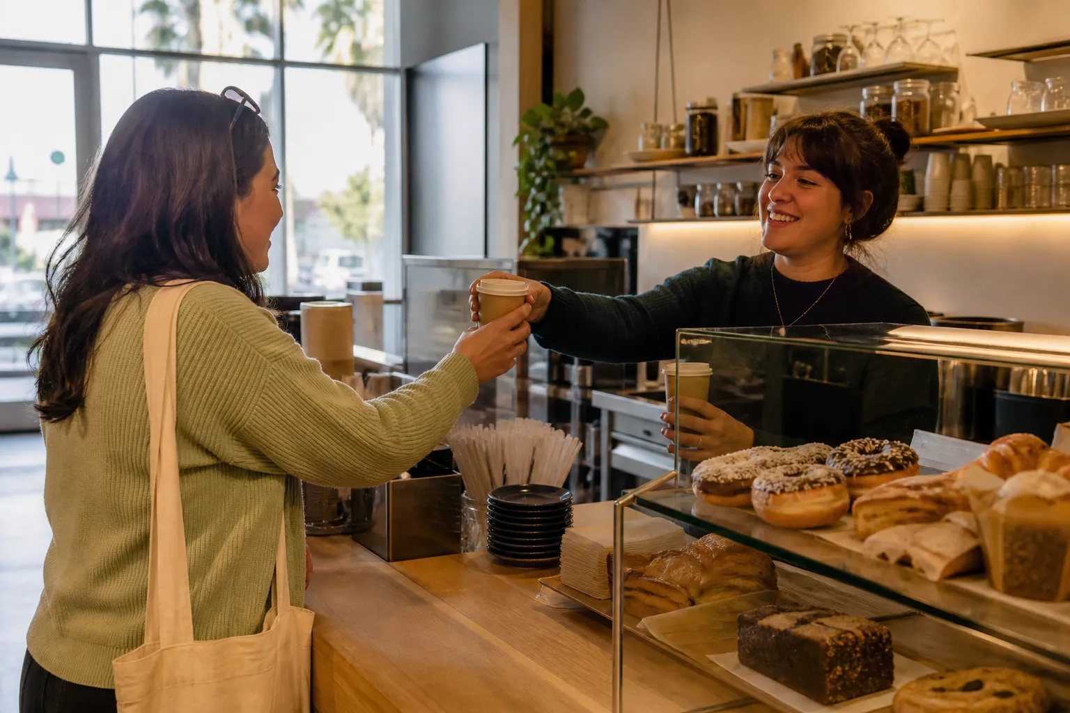 Coffee counter with pastries and donut trays in a neighborhood cafe
