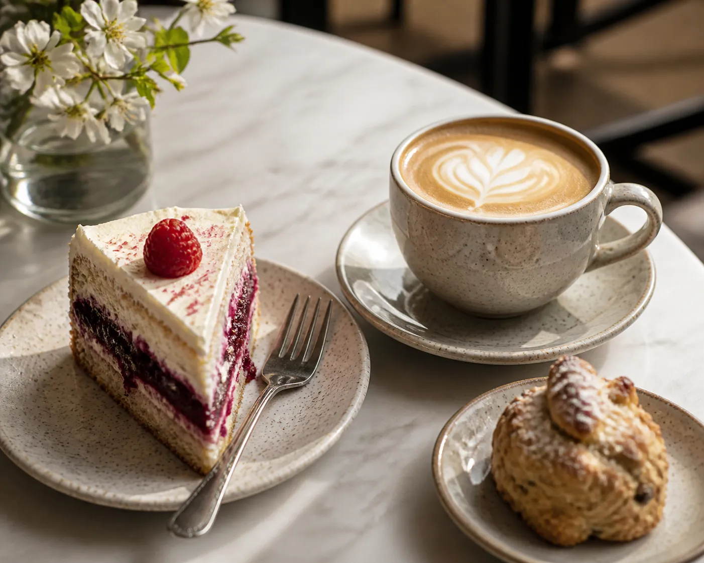 Coffee and cake on a table with pastries and ceramic plates in a Silver Lake cafe