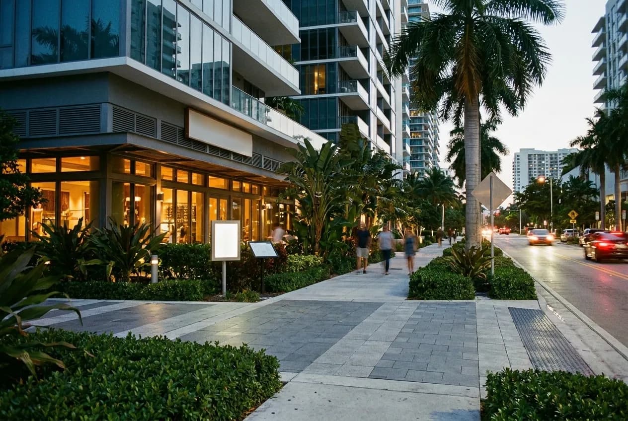 A restaurant frontage at podium level beneath glass towers in early evening, warm interior light spilling onto a wide landscaped pavement