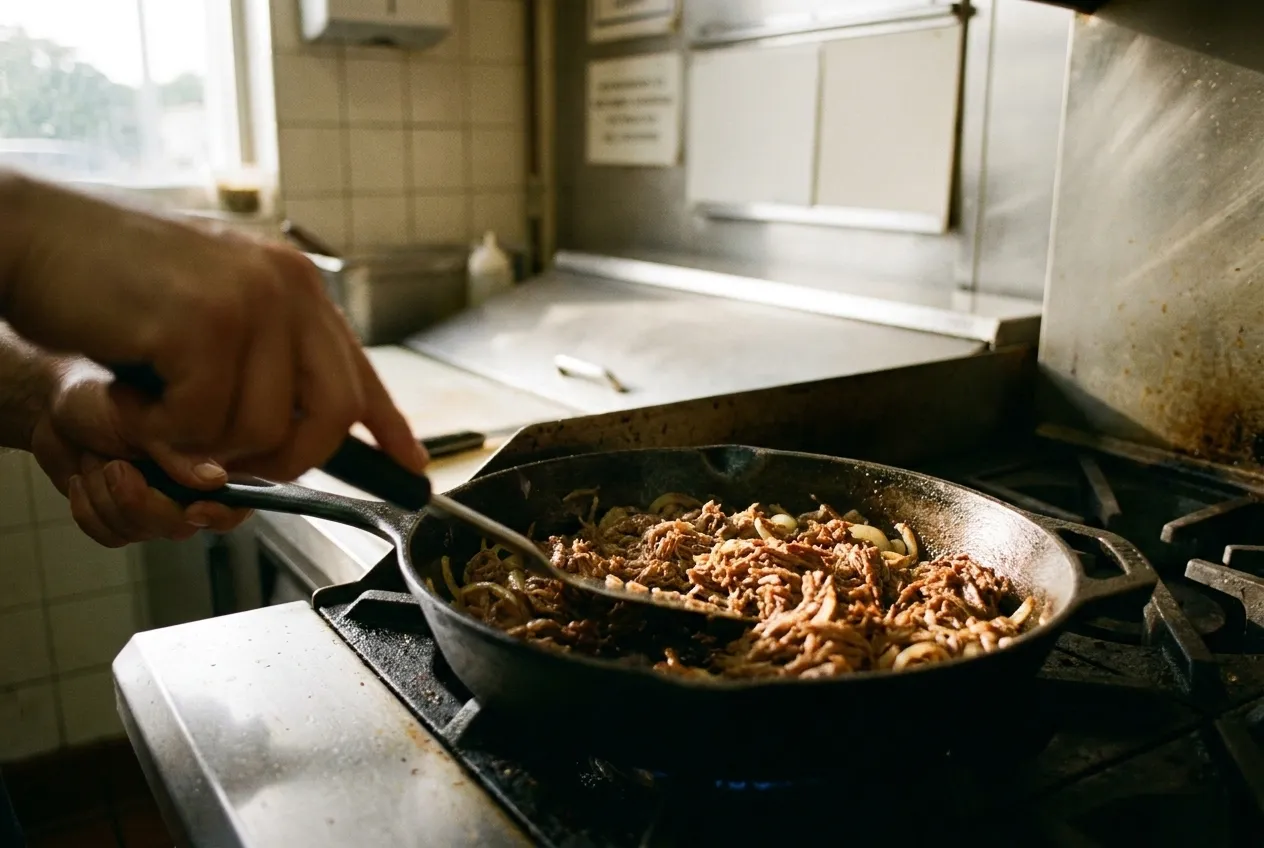 Shredded beef searing in a heavy pan, some strands browned and crisp at the edges, sliced onion softening alongside