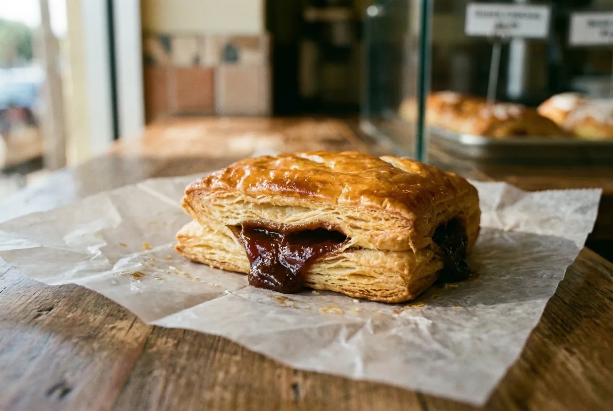 A flaky rectangular pastry with a glazed top and a dark fruit filling showing at the seam, on wax paper under warm light
