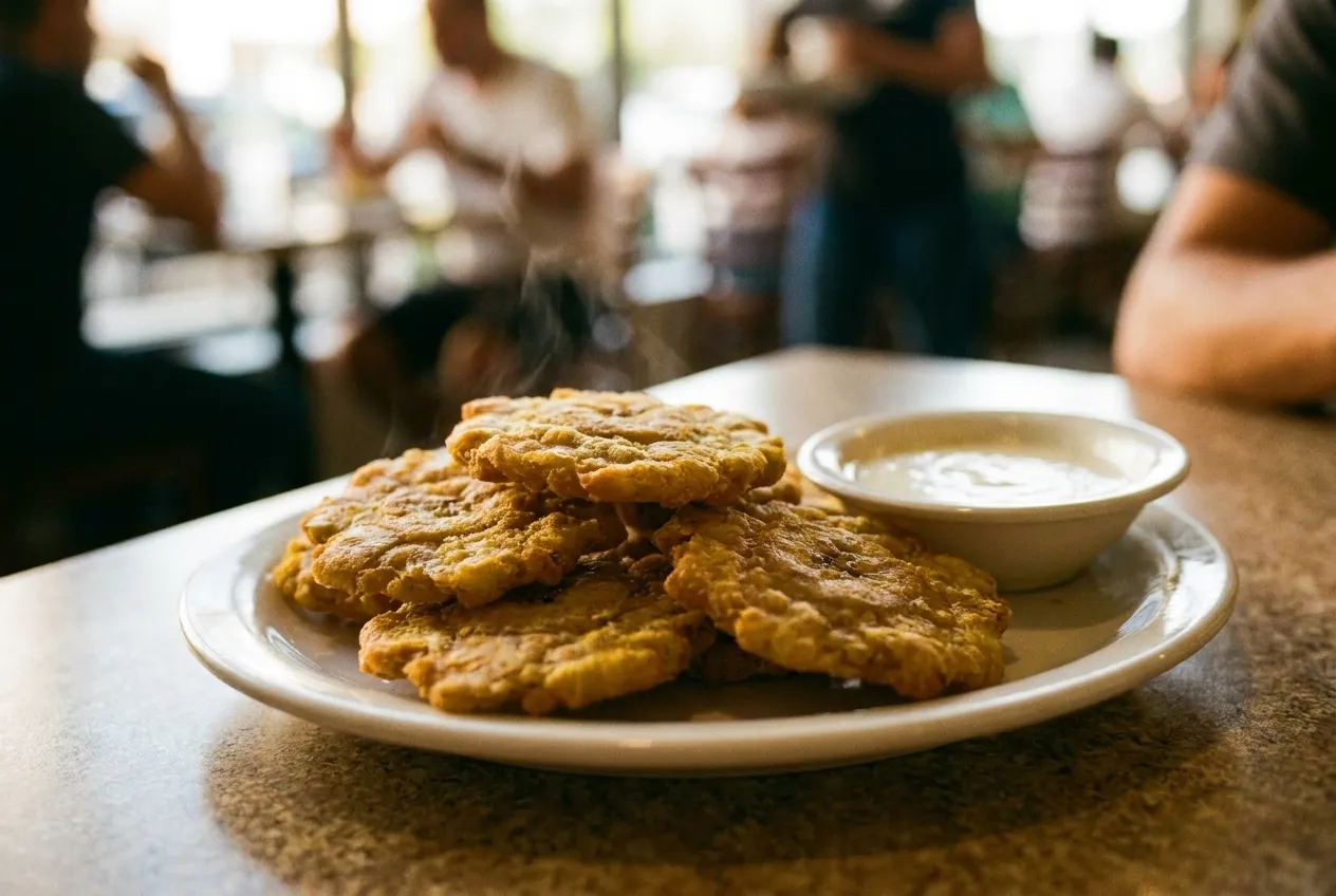 Flattened fried green plantains piled on a white plate with a small dish of garlic sauce beside them
