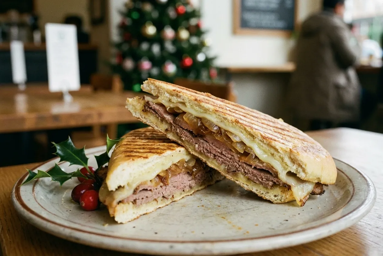 A pressed sandwich cut on the diagonal showing layered meat and melted cheese, the crust flattened and marked from the press