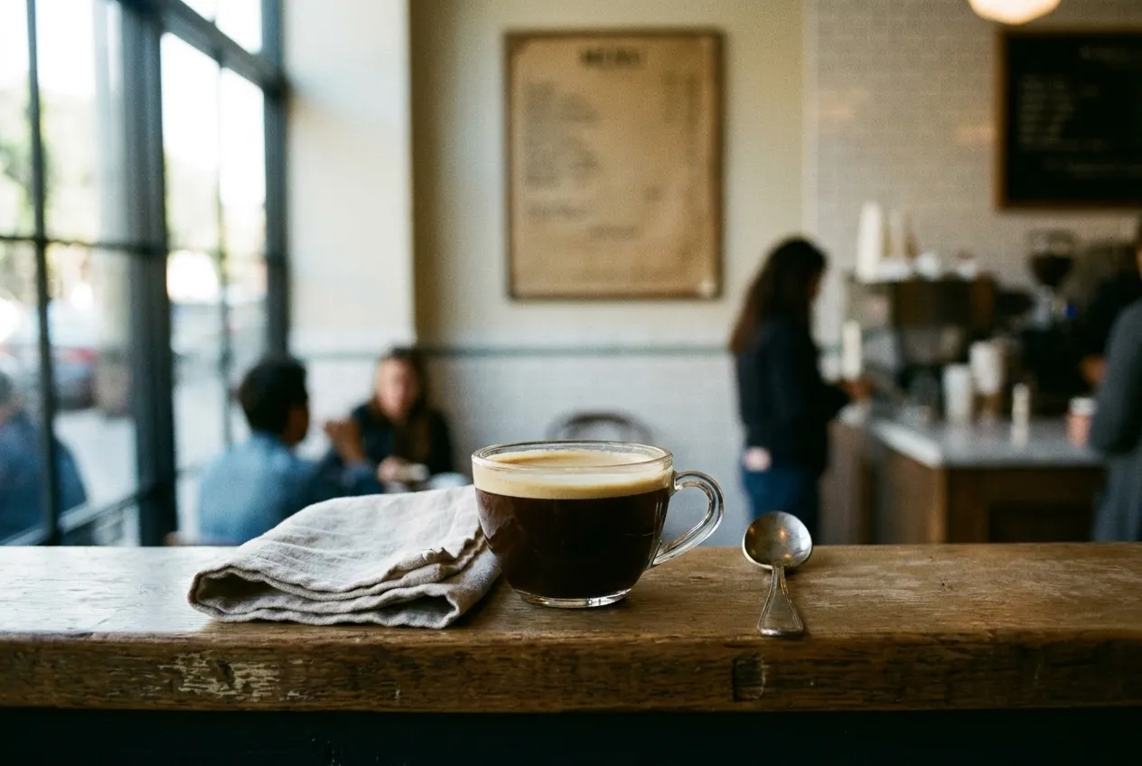 A small cup of dark sweet coffee with a pale crema on a counter ledge, a folded napkin and a spoon beside it