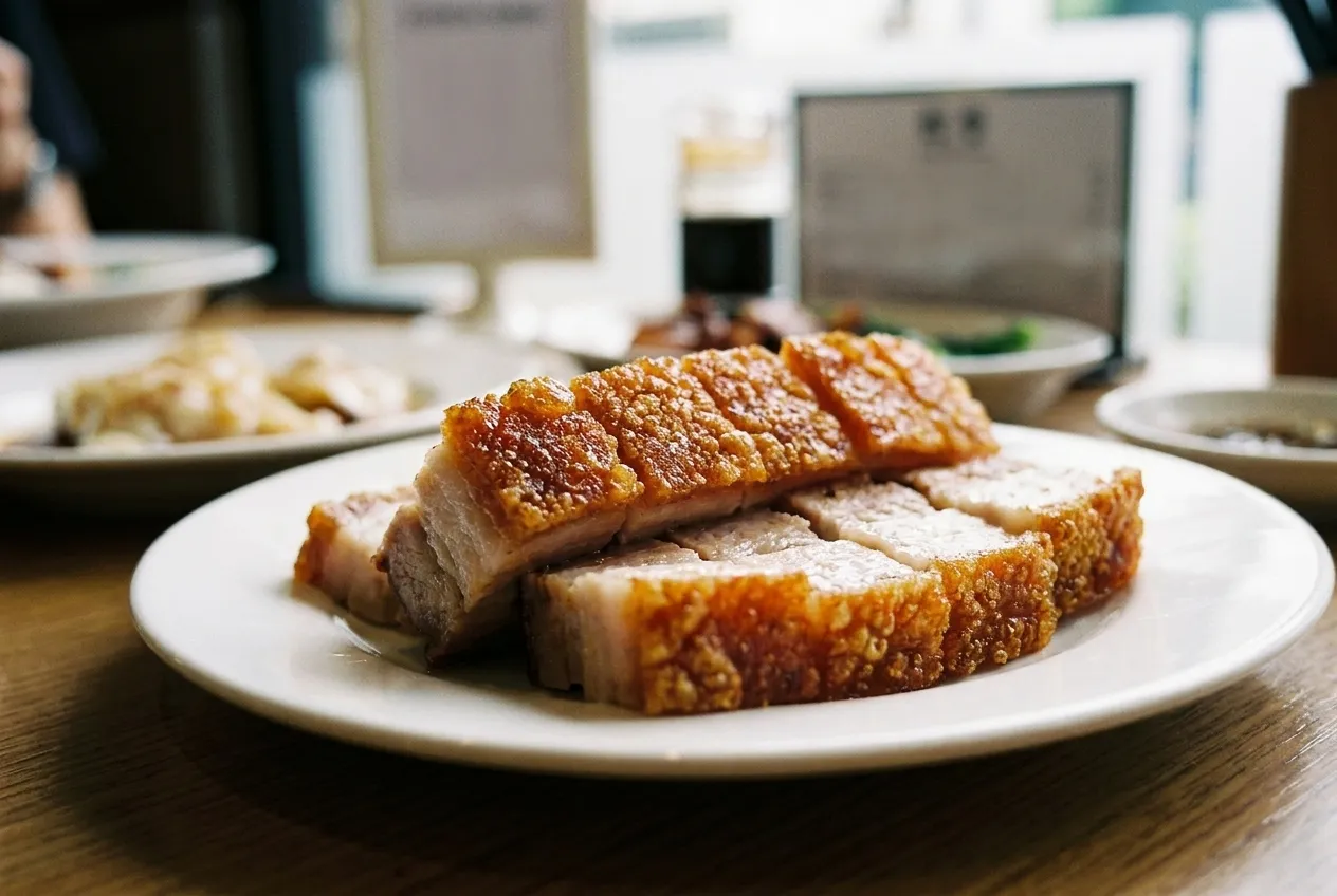 Sliced roast pork belly with a blistered crackling top and layered fat and meat beneath, arranged on a white plate