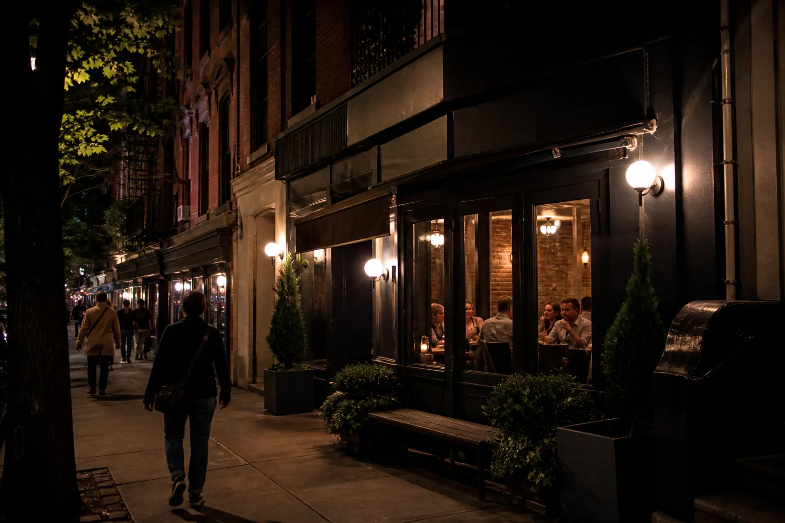 Quiet West Village restaurant exterior on a tree-lined NYC street at night