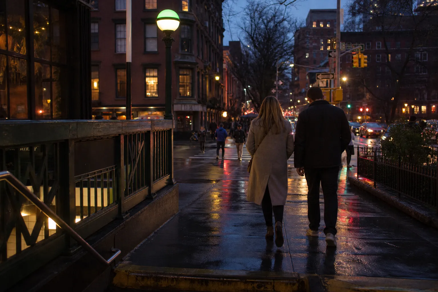 Couple walking near a West Village subway entrance after dinner