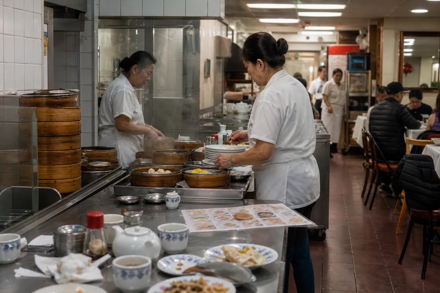 Old-school dim sum dining room with steam carts and stacked bamboo baskets