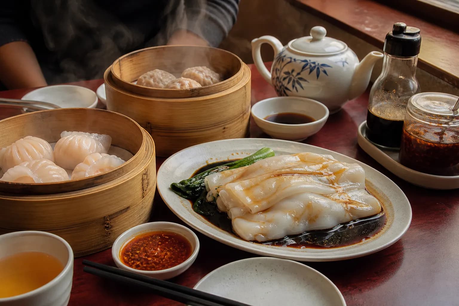 Steaming baskets of har gow, siu mai, and rice noodle rolls on a Chinatown table