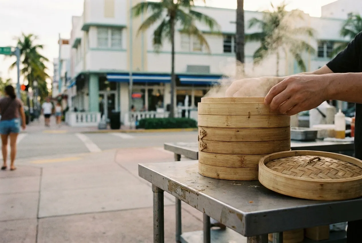 A stack of bamboo steamer baskets on a stainless bench with steam rising from the top layer, a lid resting beside them