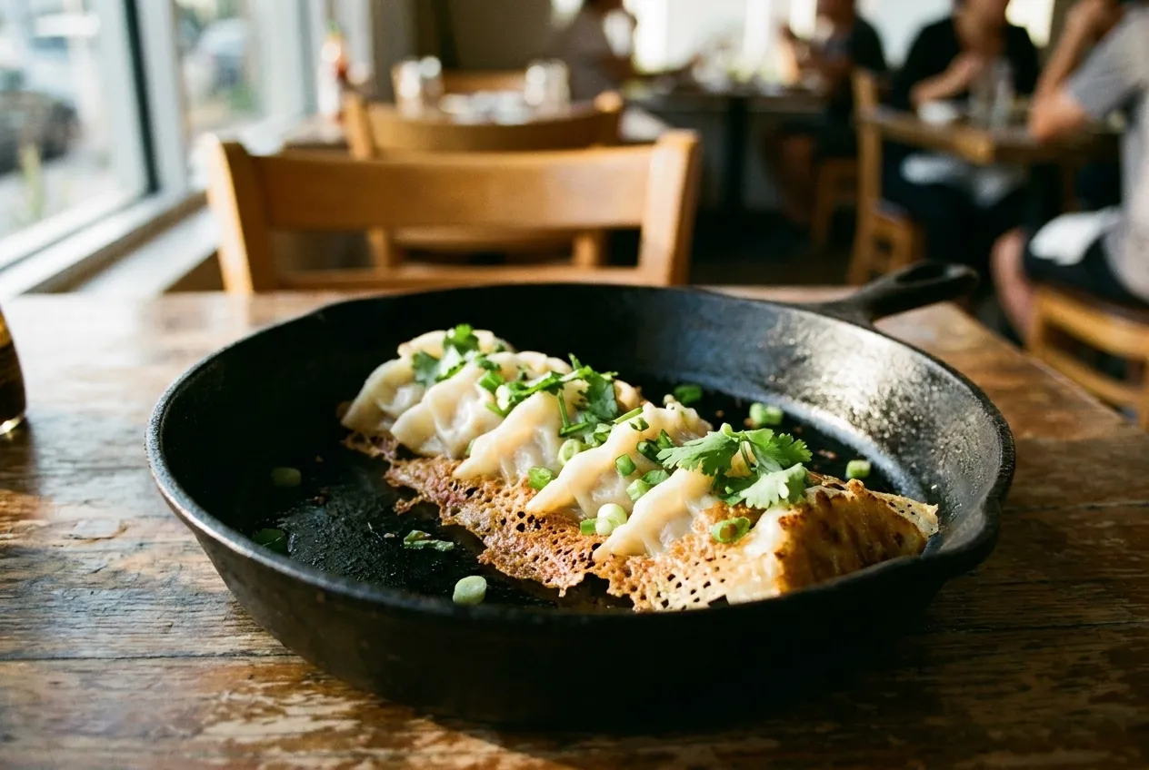 A row of pan-fried dumplings in a black skillet, their bases browned to a lacy crust and their tops still pale and soft